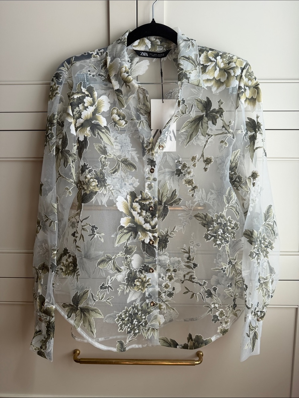 Zara Sheer Floral Button-Down Shirt — White with Olive and Gray Print small